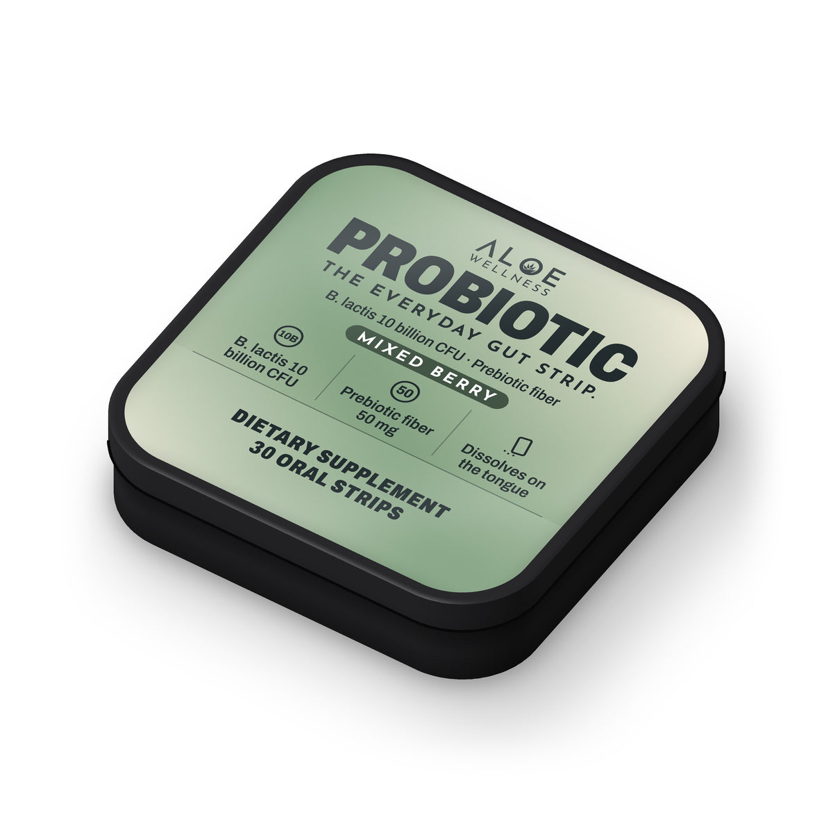 Probiotic Strips by ALOE Wellness, tin angle